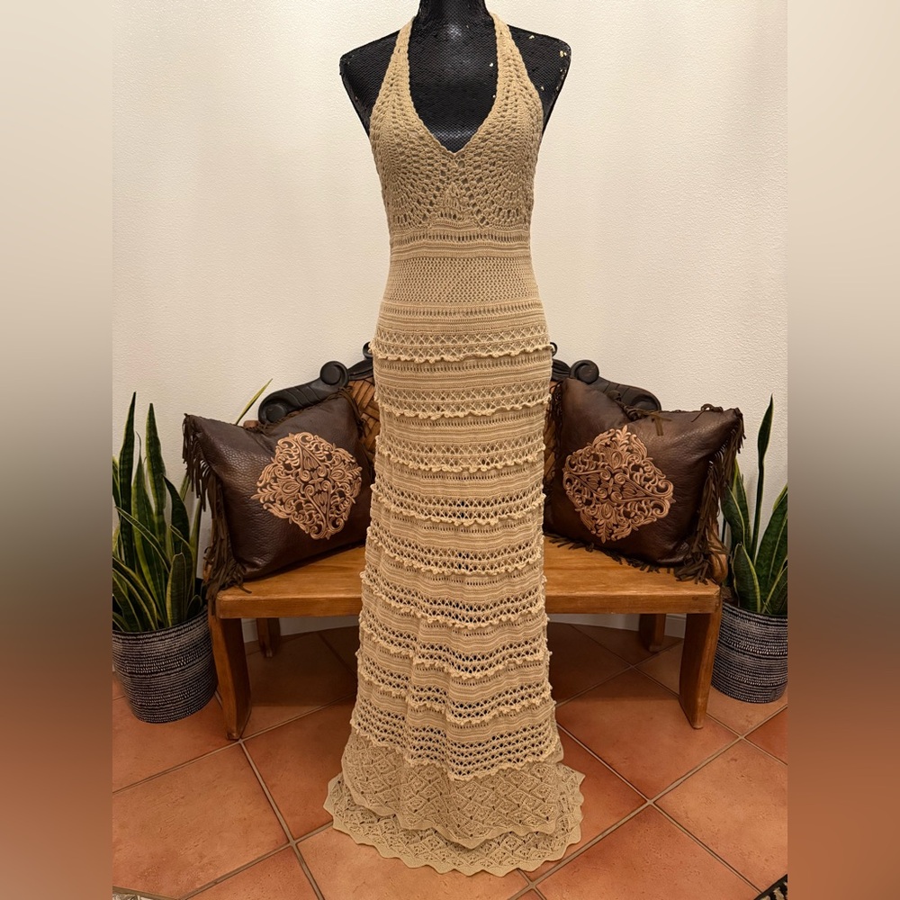MODA International Crochet Boho Halter Maxi Dress - Tan Size M